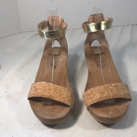 Naot Women's Pixie Gold and Tan Cork Wedge Open Toe Designer Adjustable Sandals - Picture 2 of 8
